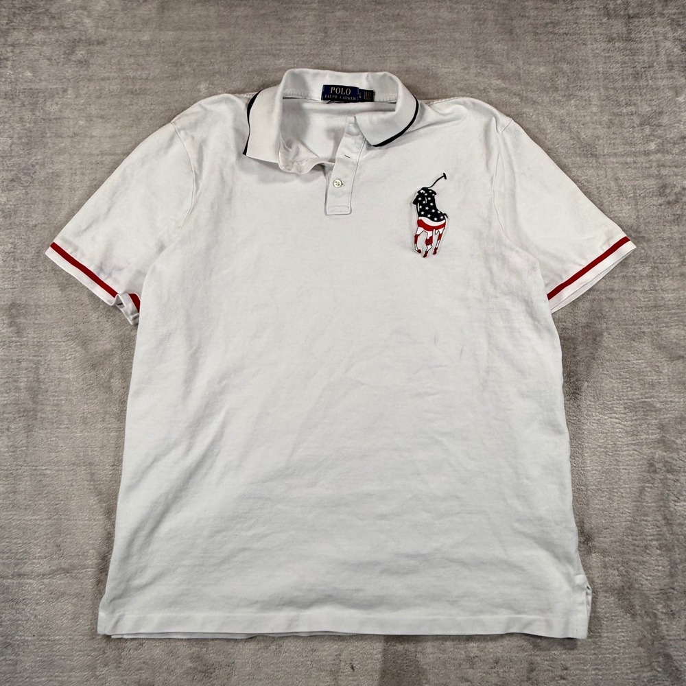 Polo Ralph Lauren Shirt Mens Large White Big Pony Polo USA Flag Classic Fit